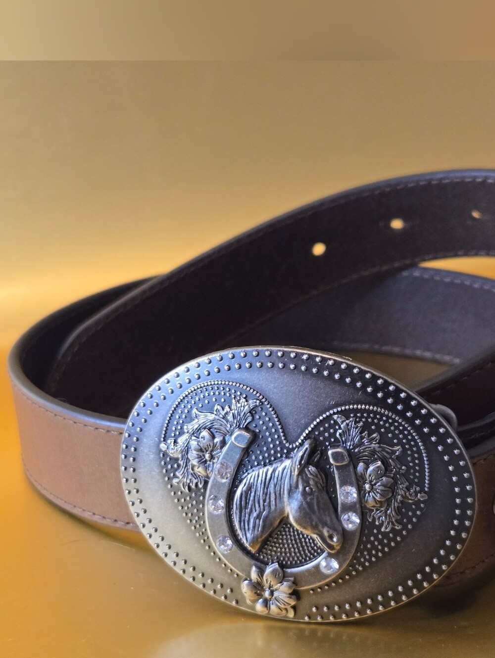 Shyanne Western Leather Belt Horse Horseshoe Rhinestone Buckle Brown Size 24